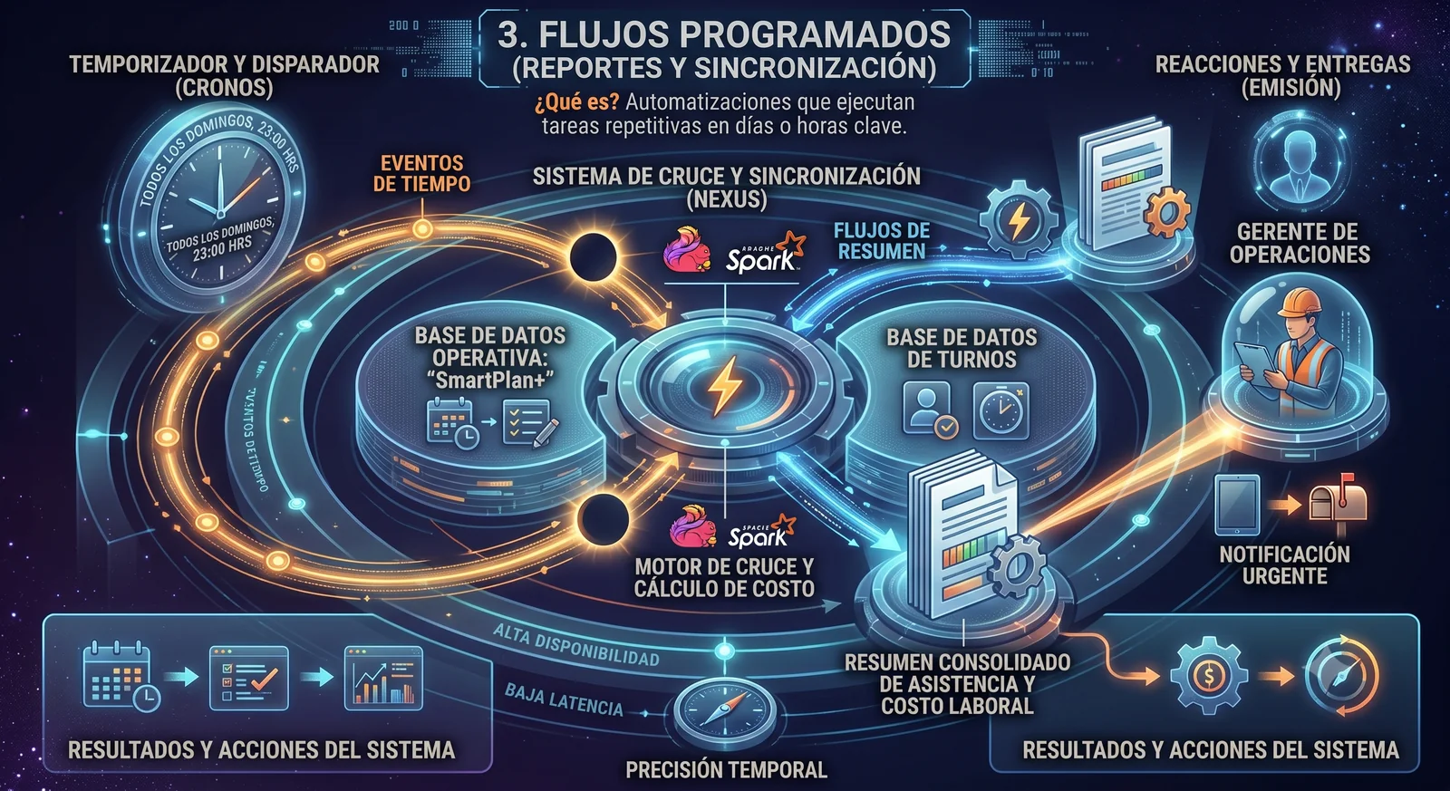 Diagrama de flujos programados de reportes y sincronización