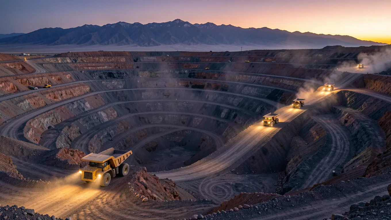 Rajo abierto de cobre en el desierto de Atacama al atardecer, con camiones de extracción subiendo por la rampa