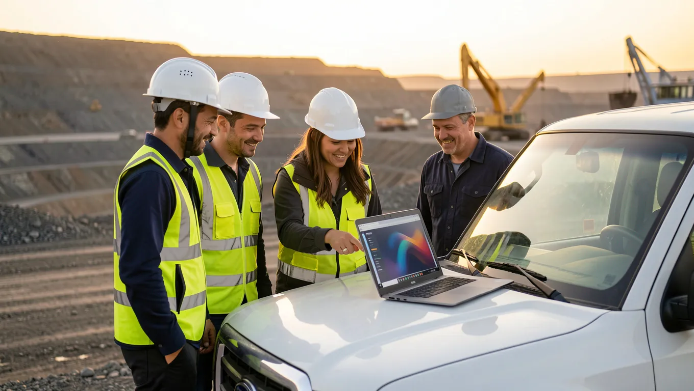 Equipo de ingenieros con casco y chaleco revisando un notebook junto a un jefe de faena en la mina