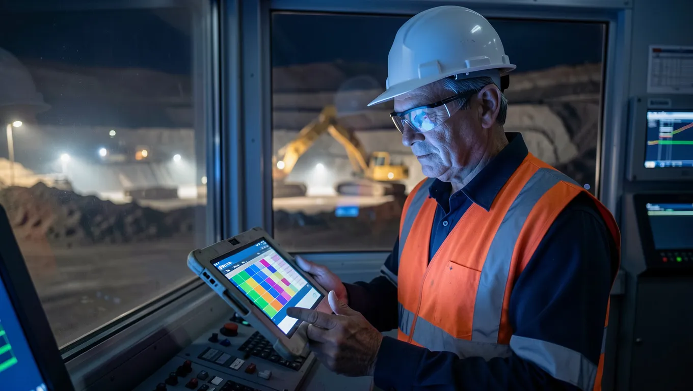 Supervisor de turno con casco y chaleco revisando la planificación en una tablet en la sala de control de la faena